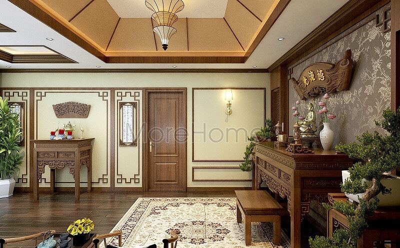 Mẫu thiết kế nội thất phòng thờ biệt thự trang nghiêm với không gian thờ phật và thờ gia tiên rộng rãi kết hợp độ nội thất gỗ tự nhiên cao cấp . thiết kế biệt thự