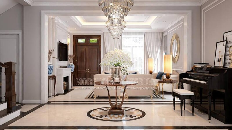 Bố trí nội thất phòng khách tân cổ điển có đàn piano đẹp, sang trọng tại biệt thự Palm Garden. thiết kế biệt thự