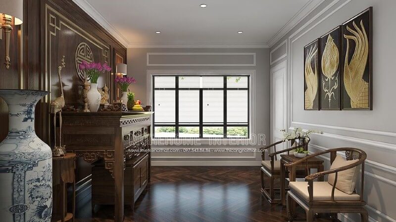 Thiết kế nội thất gỗ cao cấp cùng cách phối màu, trang trí tạo nên vẻ đẹp trang nghiệm, sang trọng cho phòng thờ. thiết kế biệt thự