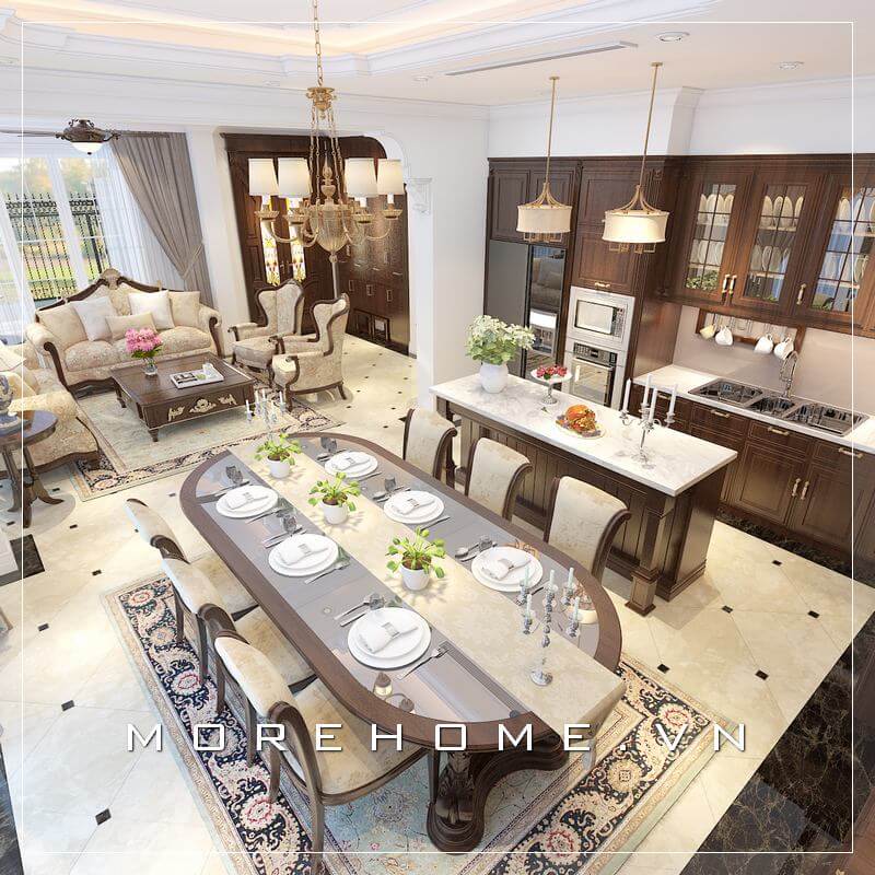 Thiết kế phòng bếp biệt thự tân cổ điển với nội thất gỗ tự nhiên cao cấp, mặt bếp ốp đá màu trắng giúp không gian nấu nướng sạch sẽ và tiện nghi Thiết kế biệt thự