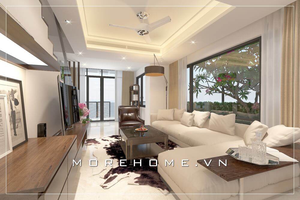 Phối cảnh hiện đại tạo vẻ đẹp độc đáo cho biệt thự gam trắng. Thiết kế biệt thự