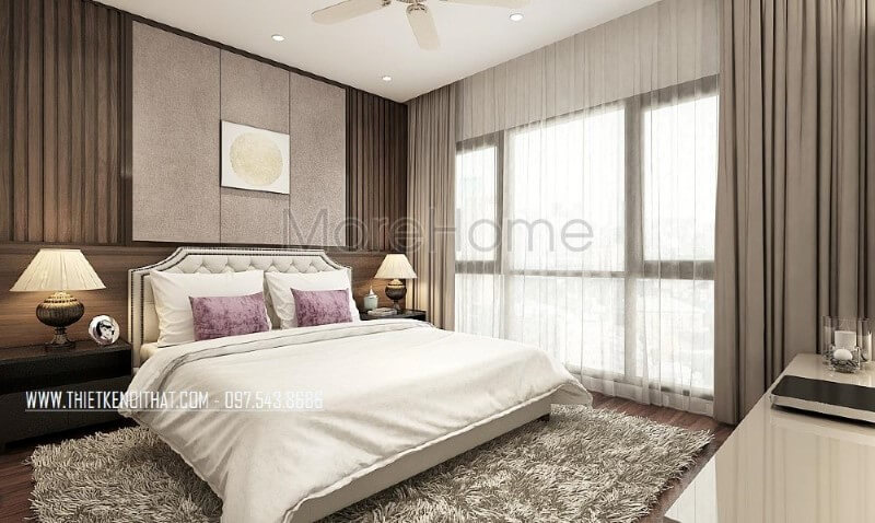 Giường ngủ bọc nệm gam sữa cùng họa tiết trang trí đẹp mắt từ các nút nệm cùng đường nét uốn lượn đầu giường tạo điểm nhấn độc đáo cho phòng ngủ master hiện đại. thiết kế biệt thự