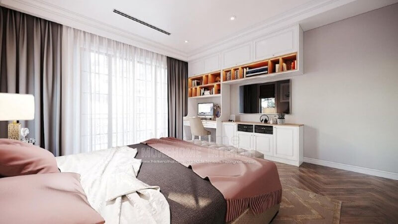 Bàn học liền kệ trang trí, kệ tivi, tủ đựng đồ tạo không gian đẹp, liền mạch, tối giản diện tích nhưng lại đảm bảo công năng hiệu quả cho phòng trẻ em. thiết kế biệt thự