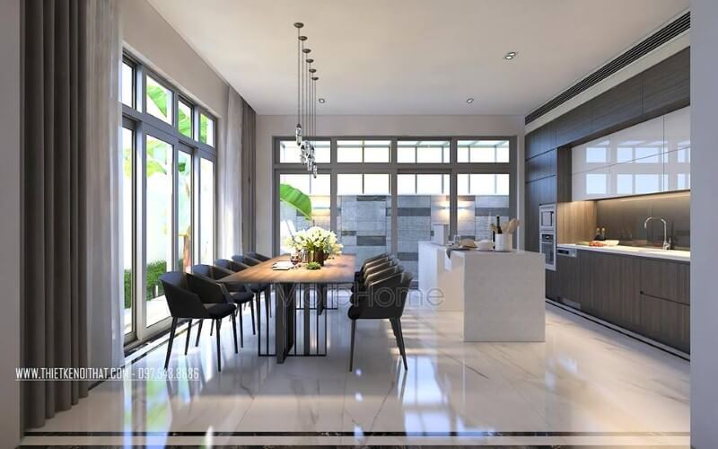 Bố trí nội thất phòng ăn hiện đại nhưng đẹp thông thoáng bởi ý tưởng tạo nên không gian mở từ hệ cửa kính rộng, lớn. thiết kế biệt thự