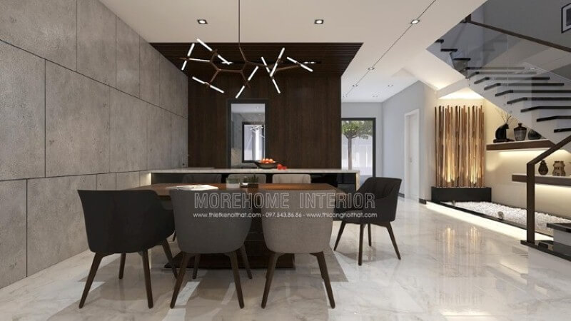 Trang trí phòng ăn hiện đại độc đáo dành cho không gian rộng như nhà phố, biệt thự với ý tưởng trang trí mở phòng ăn liền kề phòng khách, phòng bếp. Thiết kế nội thất