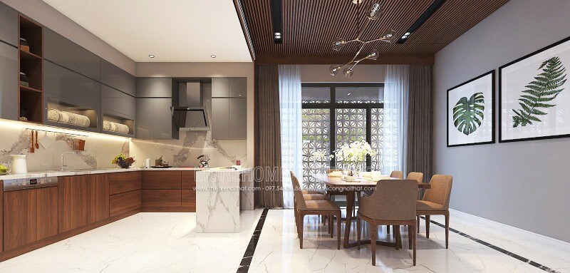 Bố trí nội thất phòng bếp liền phòng ăn đẹp, hiện đại, tinh tế cho biệt thự, nhà phố tại Vinh, Nghệ An. Thiết kế nội thất