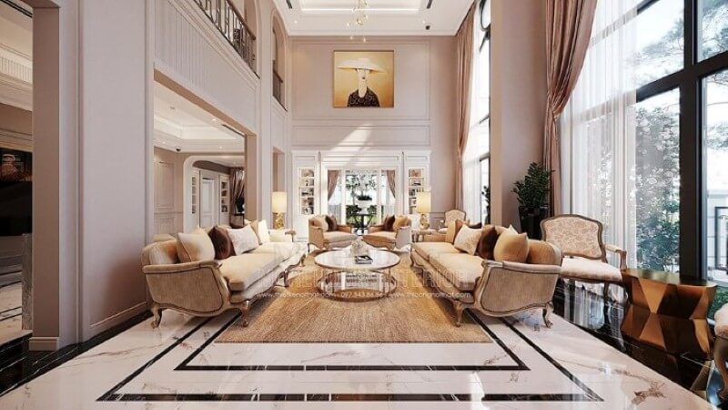 Trang trí nội thất phòng khách thông tầng biệt thự tân cổ điển cao cấp tại Vinhomes Imperia Hải Phòng. thiết kế biệt thự