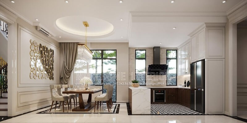 Bố trí nội thất phòng ăn liền phòng bếp đẹp, sang trọng theo phong cách đương đại. thiết kế biệt thự