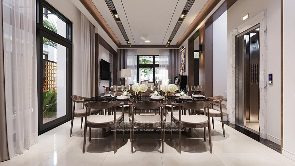 Bộ bàn ăn 6 ghế gỗ óc chó đẹp, hiện đại sang trọng cho nhà biệt thự Starlake Tây Hồ Hà Nội thiết kế biệt thự