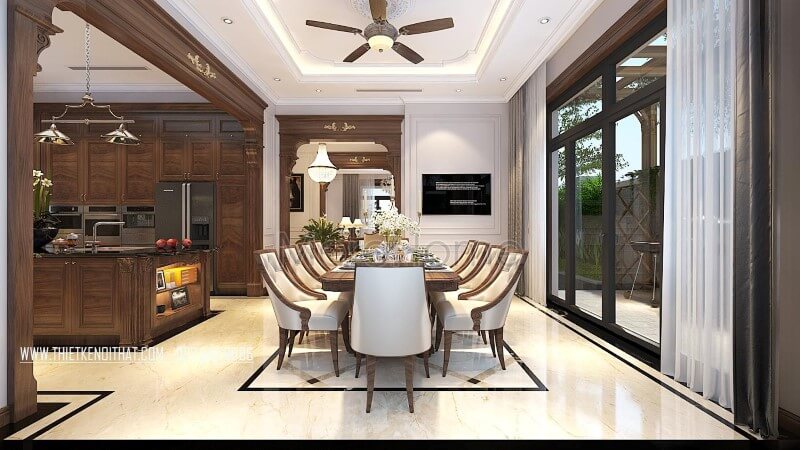 Bộ bàn ăn 10 ghế gỗ óc chó bọc da đẹp tinh tế cho nhà biệt thự Vinhomes Greenbay Hà Nội thiết kế biệt thự