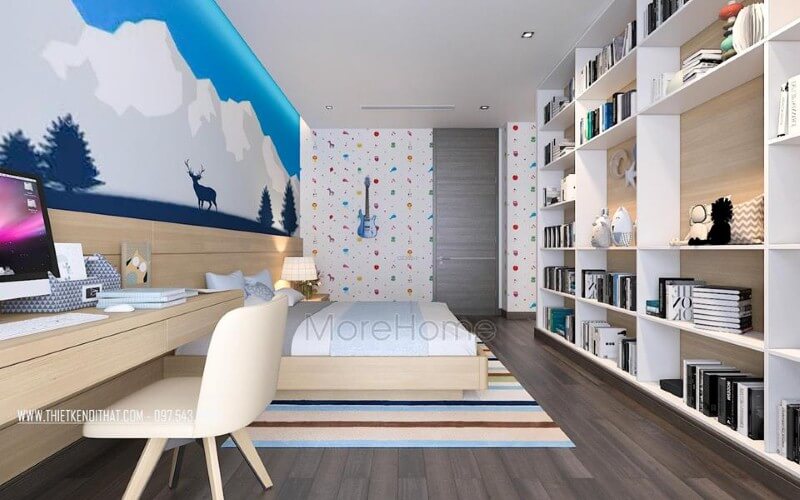 Kệ trang trí phòng ngủ con đẹp, sinh động với thiết kế tủ kệ trang trí nhiều ngăn giúp không gian trở nên thông thoáng, đẹp mắt. thiết kế biệt thự