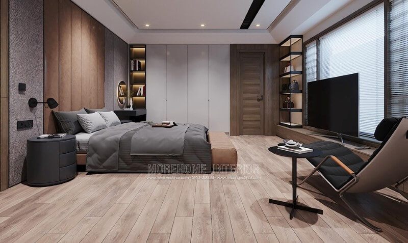 Một mẫu kệ tủ quần áo kết hợp với kệ trang trí gỗ công nghiệp được thiết kế để phù hợp với phòng ngủ có âm tường và tông màu tăng giúp tiết kiệm diện tích.