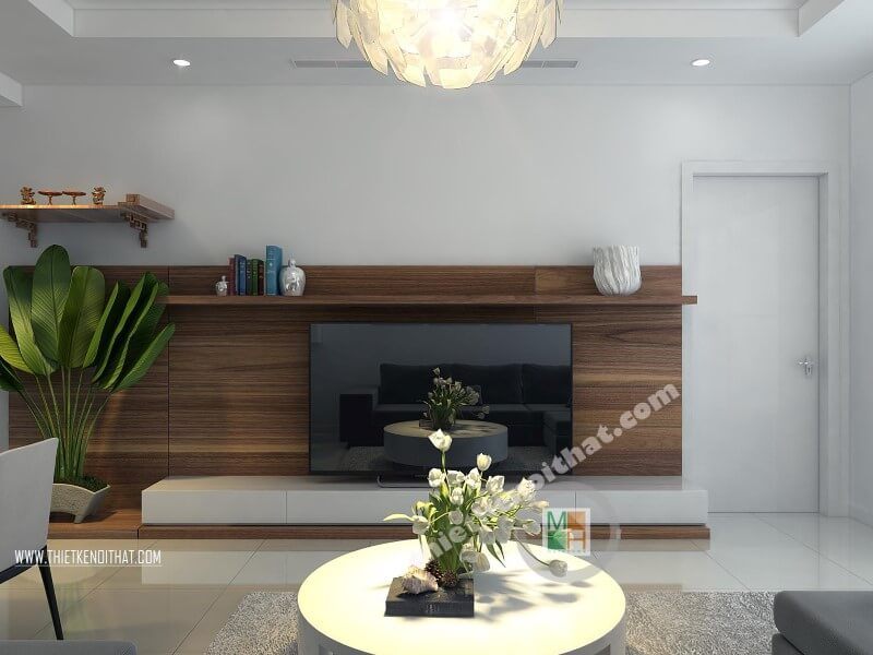 Để giảm thiểu diện tích của phòng khách, gia chủ có thể sử dụng kệ ti vi treo tường để tạo nên một vẻ đẹp hiện đại và tinh tế.
