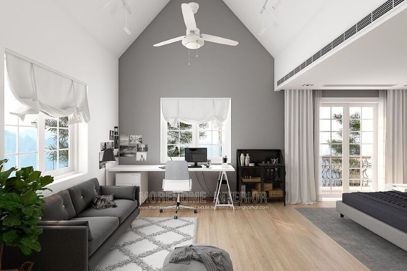 Bàn học gỗ hiện đại với phong cách đơn giản được thiết kế cho phòng ngủ.
