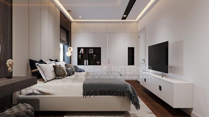 Tường sơn trắng đơn giản góp phần tạo nên sự sang trọng tinh tế cho phòng ngủ hiện đại.